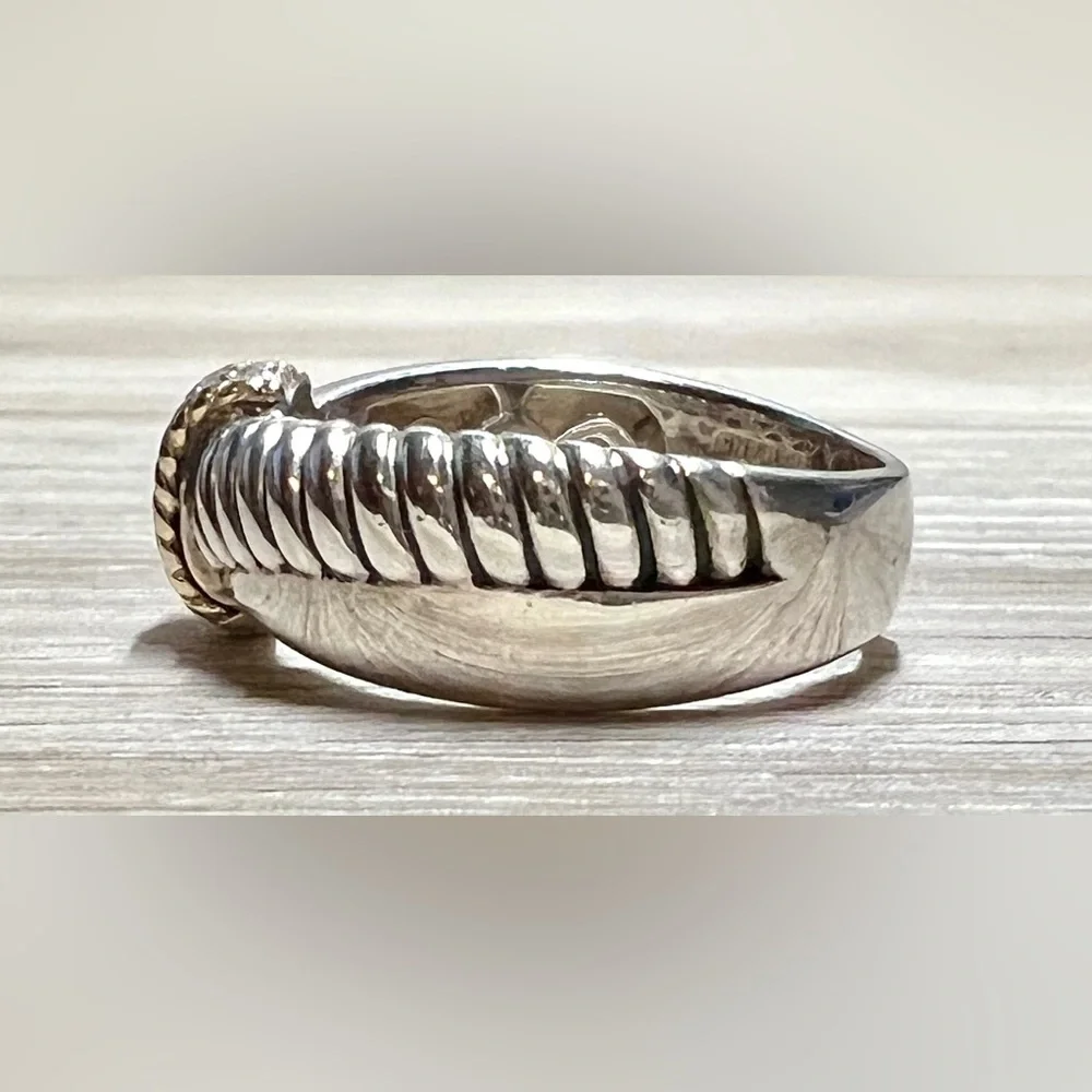 Vintage Designer Signed ATR Sterling Silver & 18K Gold Diamond Ring, Size 6